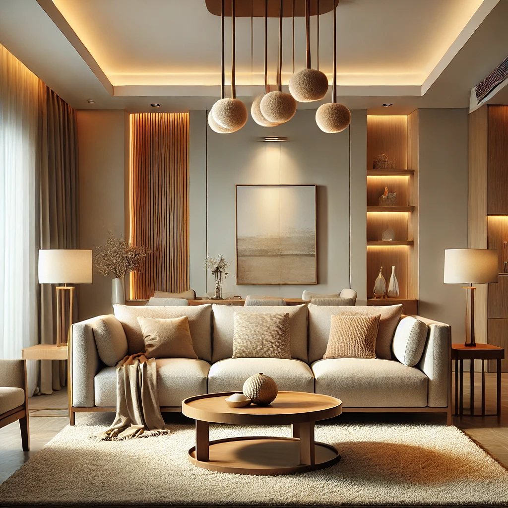 Modern custom sofa with wooden wall paneling in a stylish living room interior designed by Revive Craft Furniture.